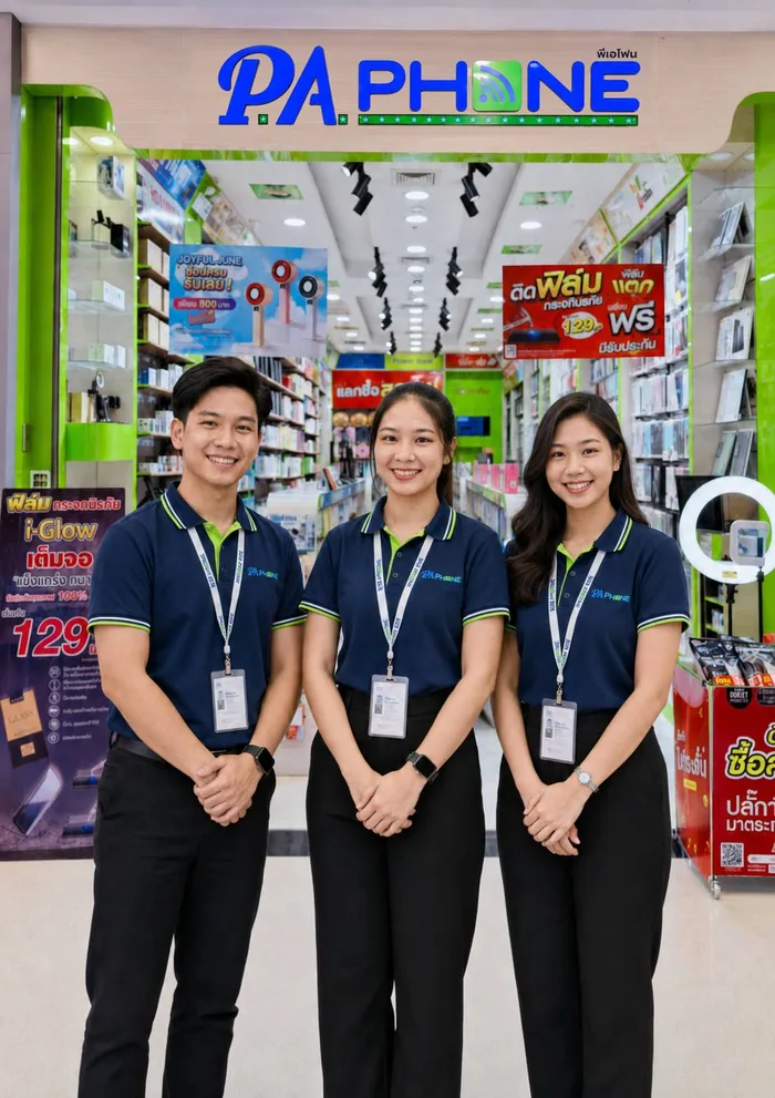 ทีมงาน PA Phone สามคนในเครื่องแบบโปโลสีน้ำเงิน ยืนอยู่หน้าร้านสาขา