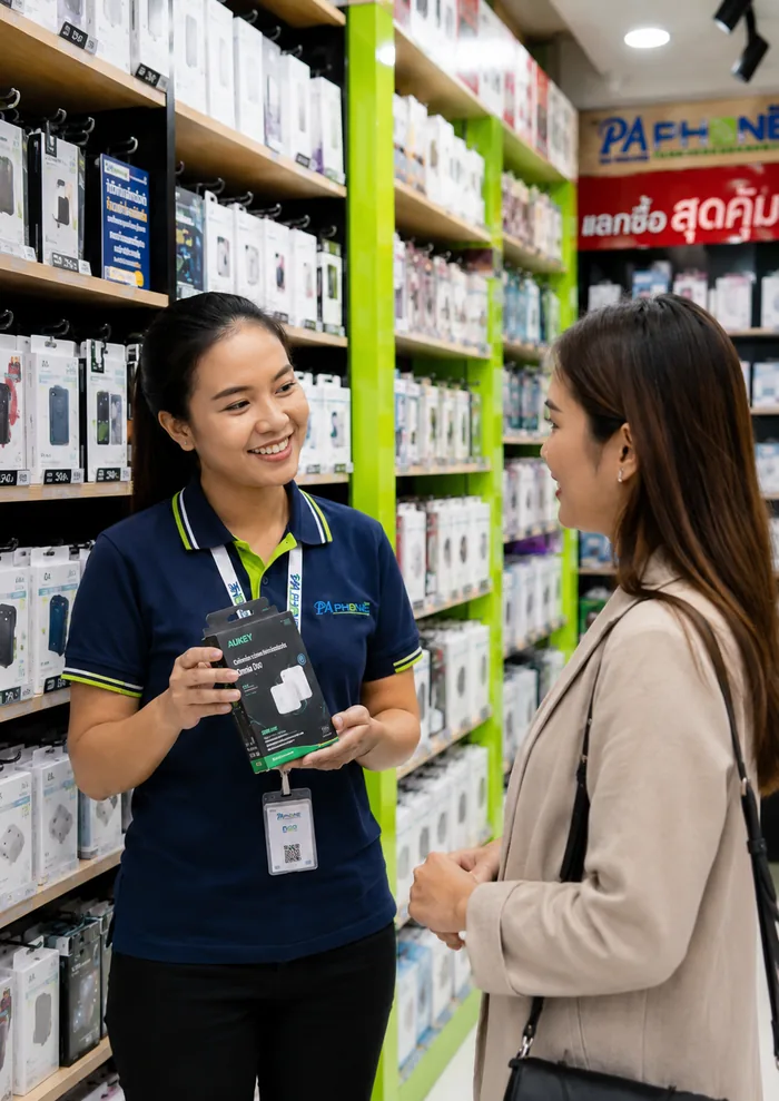พนักงาน PA Phone แนะนำอุปกรณ์ชาร์จให้ลูกค้าในโซนอุปกรณ์เสริม