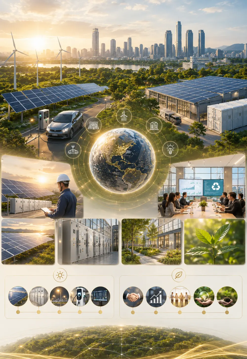 ภาพรวมพลังงานสะอาด: ทิวทัศน์เมืองริมแม่น้ำยามกลางวันพร้อมกังหันลม ทุ่งโซลาร์เซลล์ และรถยนต์ไฟฟ้าชาร์จไฟ ข้างอาคารที่มีแผงโซลาร์เซลล์บนหลังคาและตู้แบตเตอรี่กักเก็บพลังงาน ถัดมาเป็นลูกโลกล้อมด้วยไอคอน 5 วง (แผงกริดอัจฉริยะ กังหันลม แบตเตอรี่ หลอดไฟ และรถยนต์ไฟฟ้า) วิศวกรถือแท็บเล็ตที่ไซต์โซลาร์/แบตเตอรี่ และห้องประชุมที่มีจอแสดงกราฟกับสัญลักษณ์รีไซเคิล ตามด้วยภาพเล็ก 4 ภาพ (ทุ่งโซลาร์เซลล์ยามเย็น ตู้แบตเตอรี่ ทางเดินอาคารสีเขียว และใบไม้ระยะใกล้) ด้านล่างเป็นไอคอน 2 แถวแถวละ 5 วงเชื่อมด้วยเส้นประ แถวใต้ไอคอนพระอาทิตย์ (แผงโซลาร์เซลล์ แบตเตอรี่ ไฟถนน เครื่องชาร์จรถยนต์ไฟฟ้า และแดชบอร์ด) และแถวใต้ไอคอนใบไม้ (มือจับกัน กราฟเติบโต กลุ่มคน มือถือลูกโลก และมือถือต้นกล้า) ปิดท้ายด้วยผืนแผ่นดินสีเขียวลายเครือข่าย